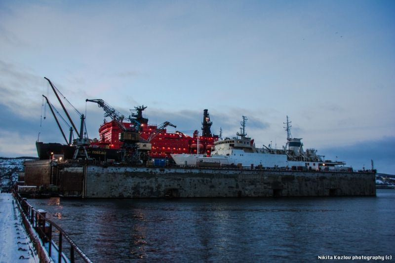 The ship is located in No. 3 dock of the ship-repairing plant in Murmansk.