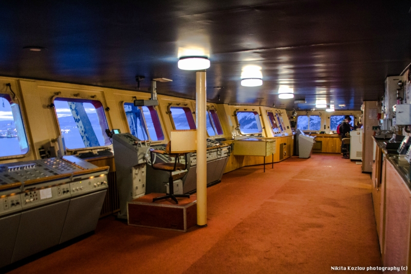 This is the main navigation bridge of the "50 Let Pobedy". This small steering wheel rotates the hug...